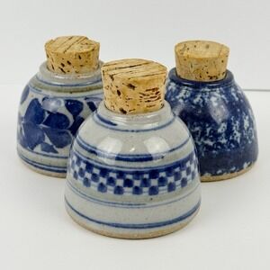 Vintage Blue & White Stoneware Spice Jars w Cork Stoppers – Set of 3